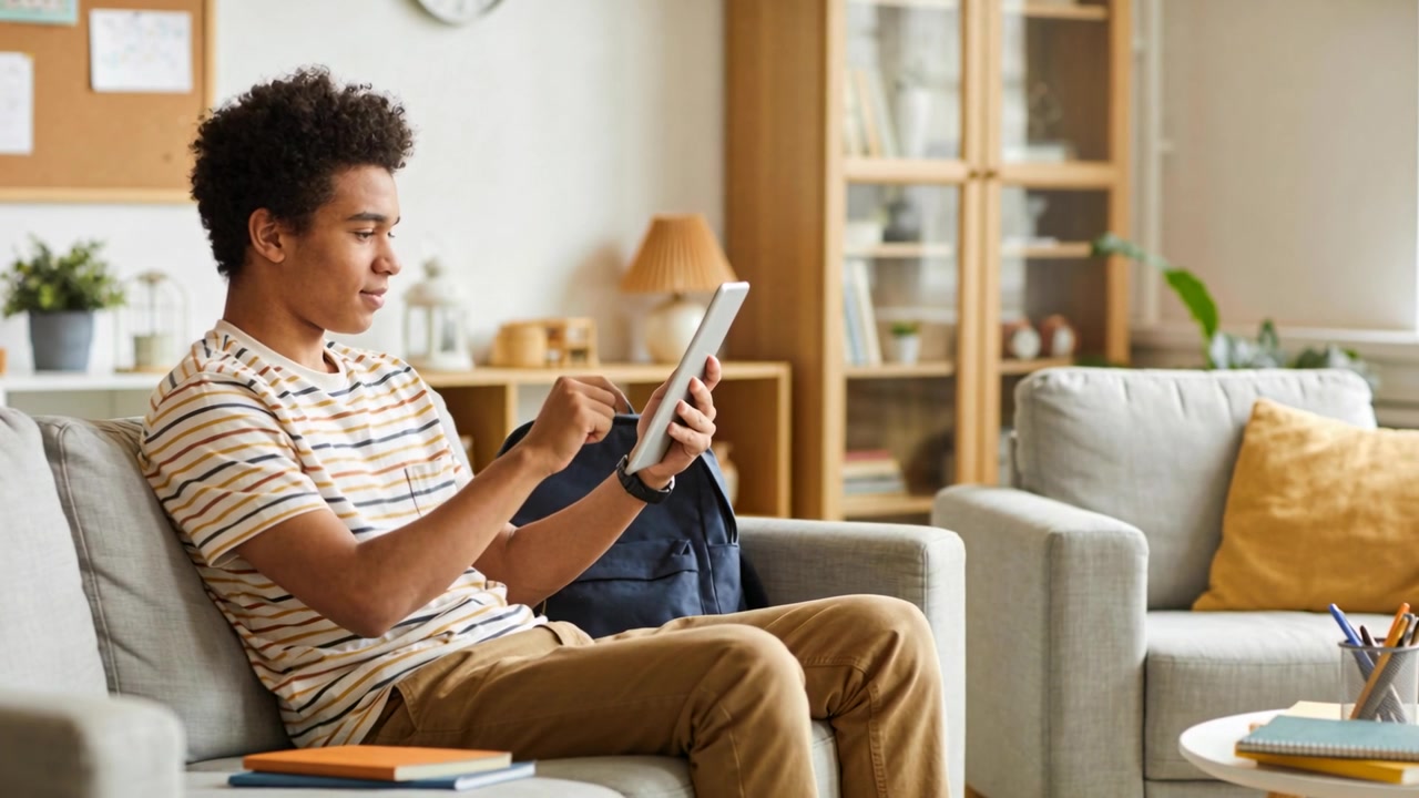 Tapping teen student in striped T-shirt holding white tablet and studying on couch, with backpack