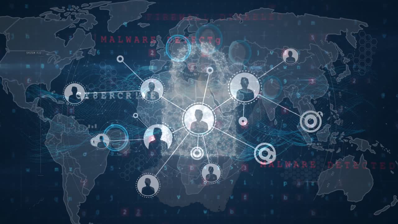 손과 세계 지도 위의 연결 네트워크의 애니메이션