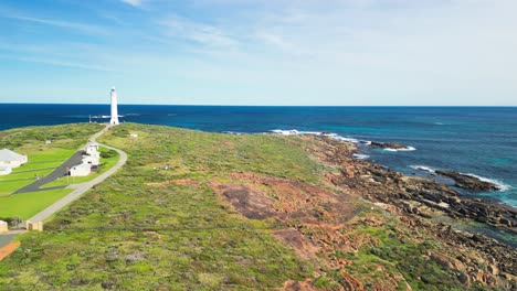 Approaching-Shot-of-Cape-Leeuwin-Lighthouse-Promontory,-Australia