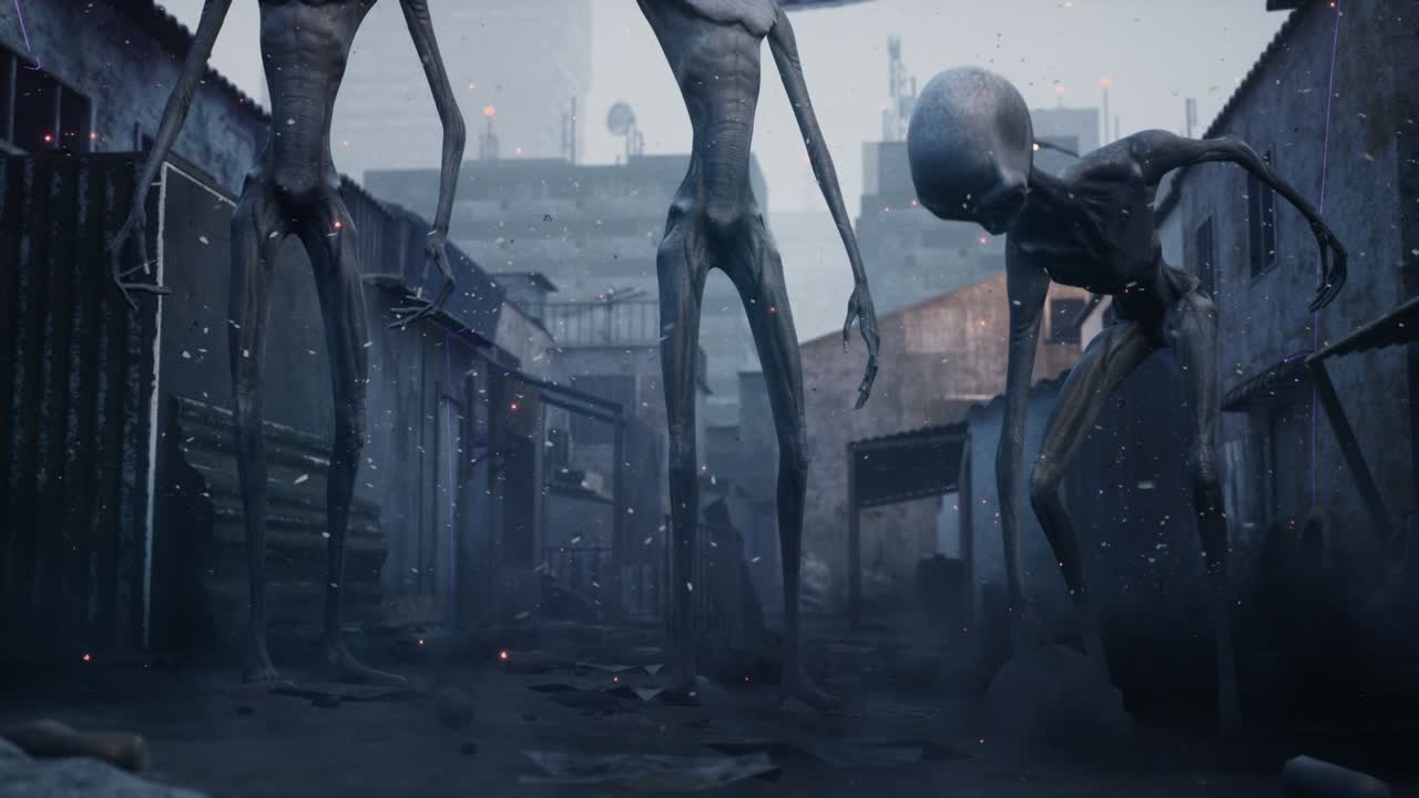 Alien explorers land on a desolate planet that died after the apocalypse. The apocalyptic atmosphere of the dead planet. The animation is perfect for apocalyptic, sci-fi and space backgrounds.