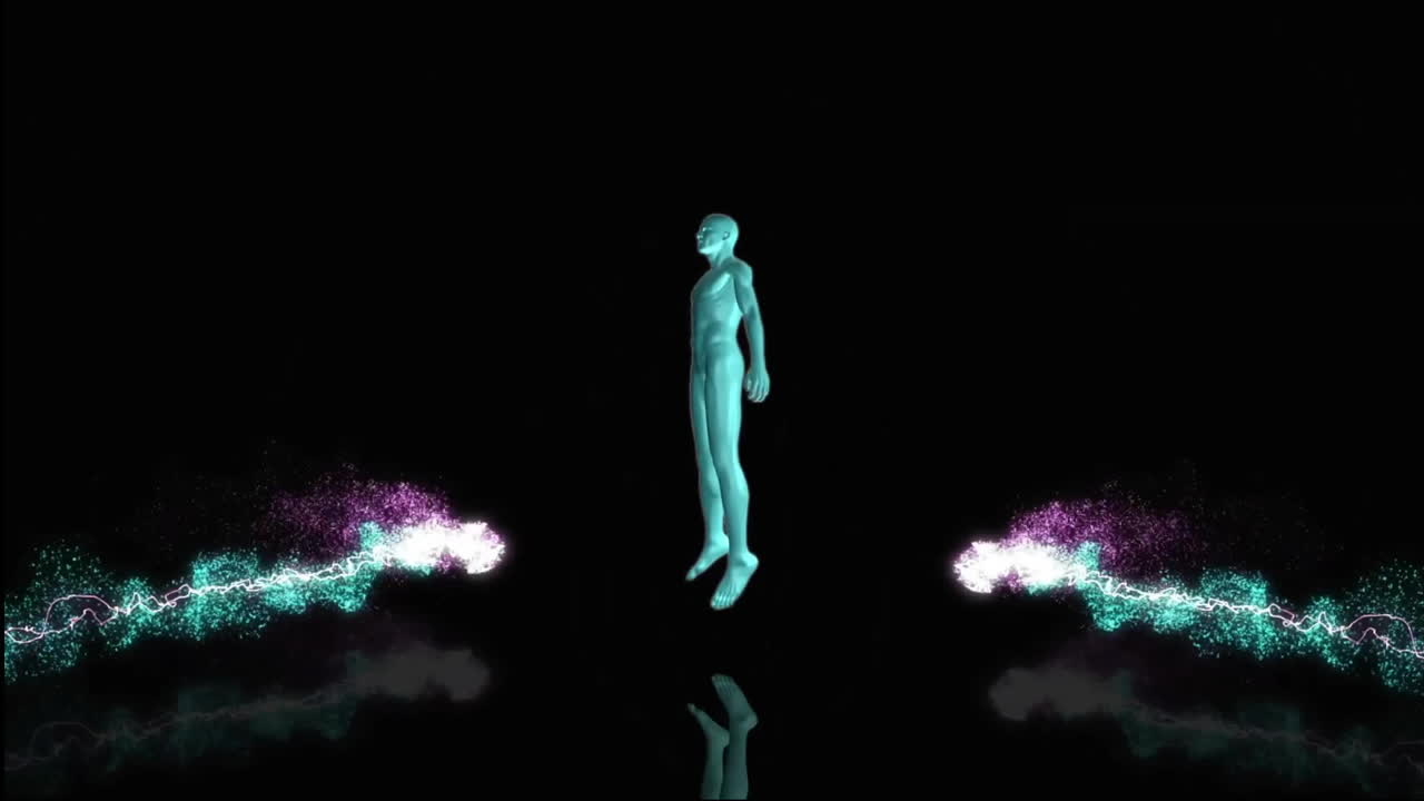 Animation of white spots and human over black background