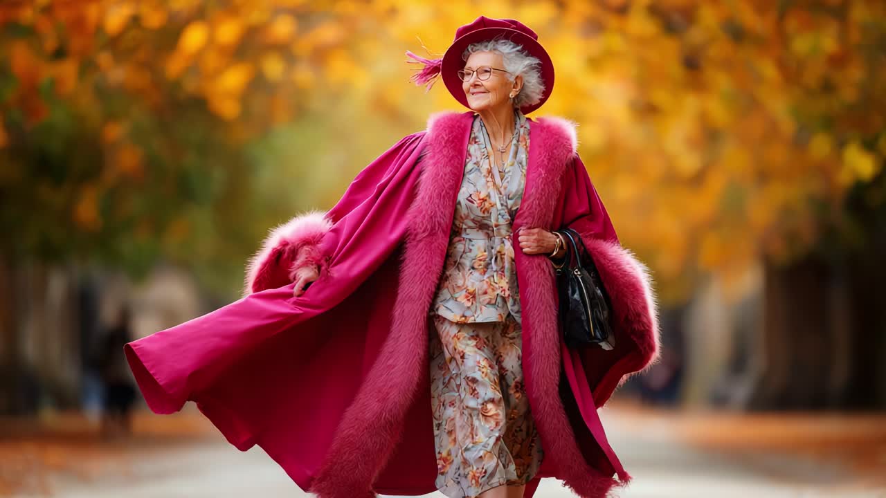 An Elegant Elderly Woman Strolls Through an Autumnal Setting, Radiating Confidence and Charm in a Vibrant Pink Ensemble with Matching Hat and Luxurious Cape