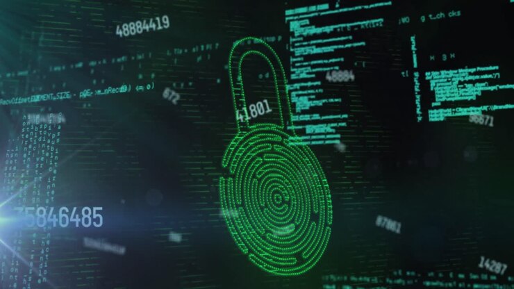 Animation of padlock over changing numbers and programming language
