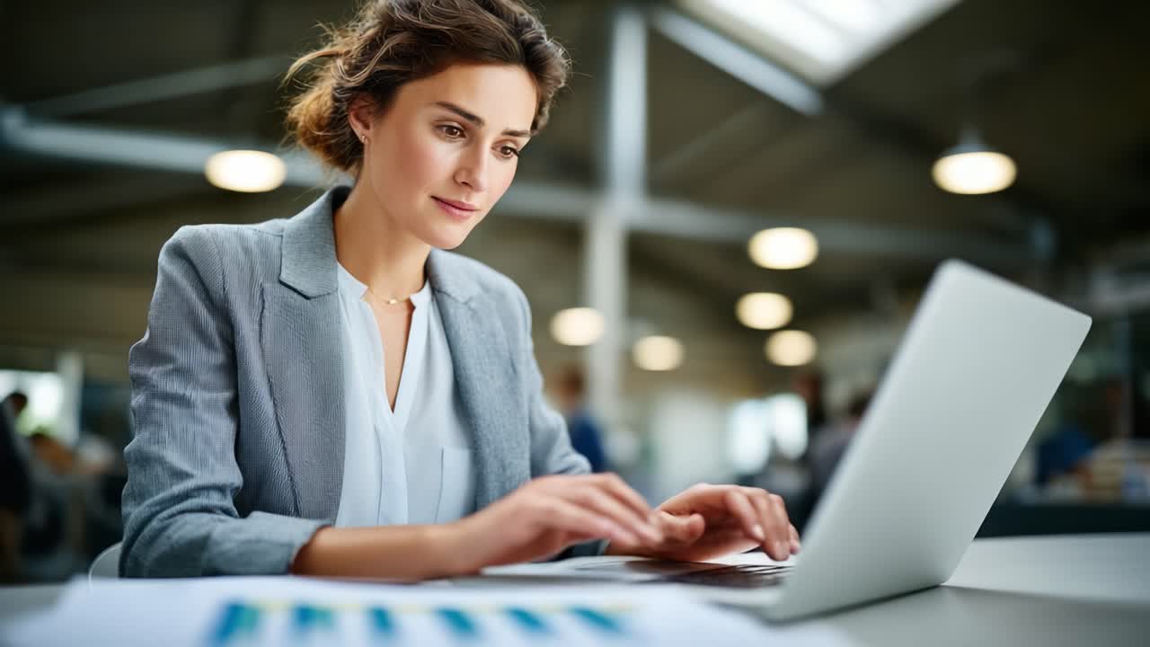 Konzentrierte, professionelle Frau, die in einer modernen Büroumgebung an einem Laptop arbeitet und mit klarer Konzentration und produktiver Atmosphäre in ihre Aufgabe vertieft ist
