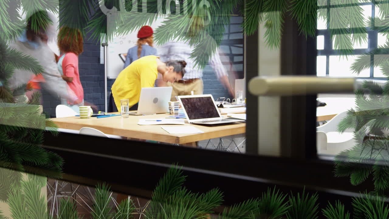 Animation of pine tree over diverse business people