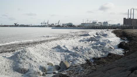 Frozen-sea-on-coast-city-in-cold,-sunny-winter-day