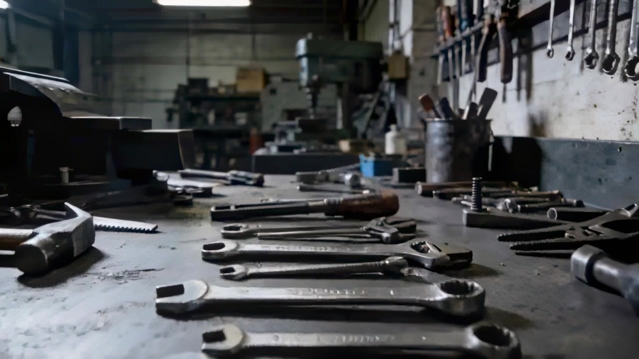 Moving camera forward focusing, wrenches entering frame in shop, highlighting screwdriver, pegboard