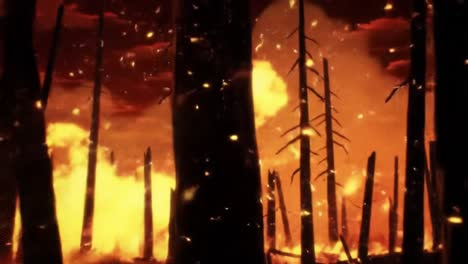 a dramatic scene of devastating wildfires consuming a forest landscape, illuminating the darkness with flames and creating a powerful visual of destruction and loss