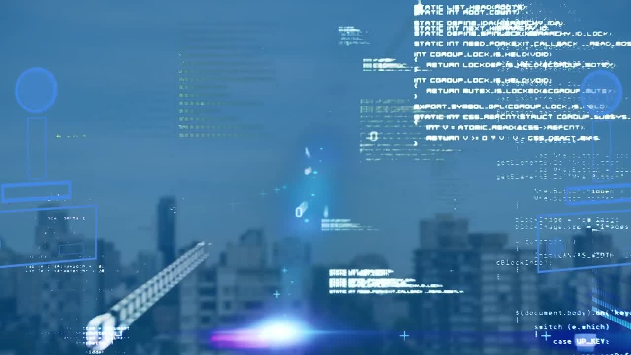 도시 풍경 위의 데이터 처리 애니메이션