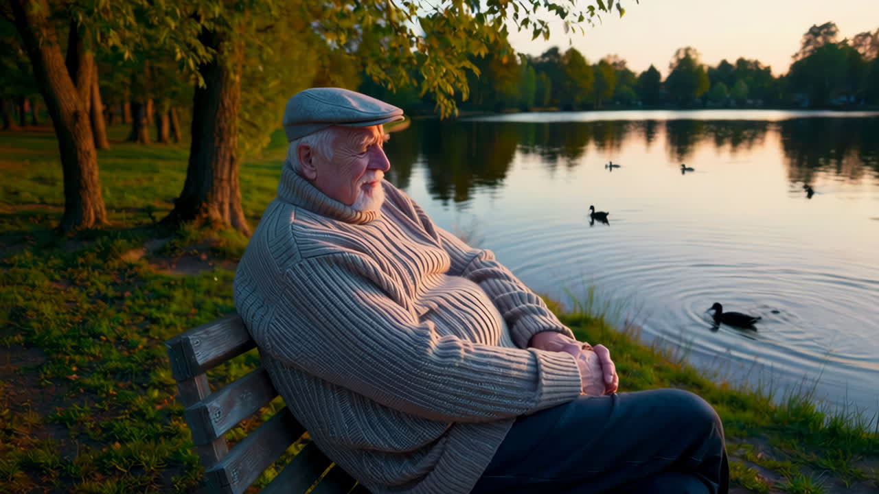 Elderly Man Relaxing by a Lake at Sunset