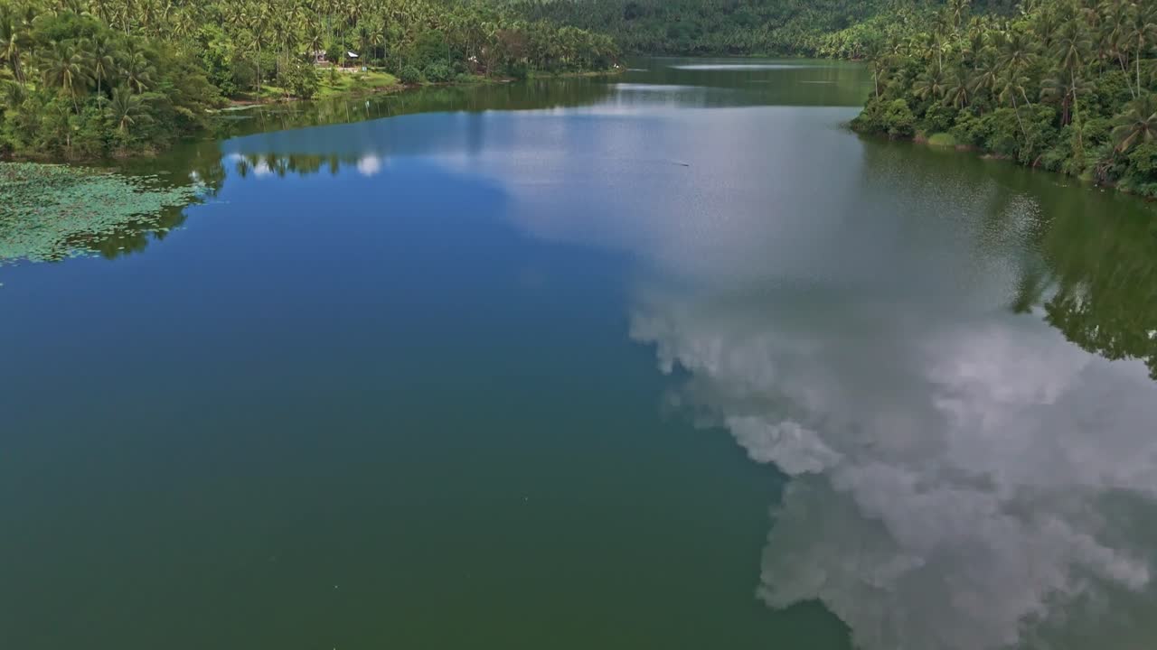 호수 에 있는 릴리 패드 의 공중 촬영 은 물 에 반영 된 구름 과 함께 지평선 을 드러내기 위해 펼쳐진다