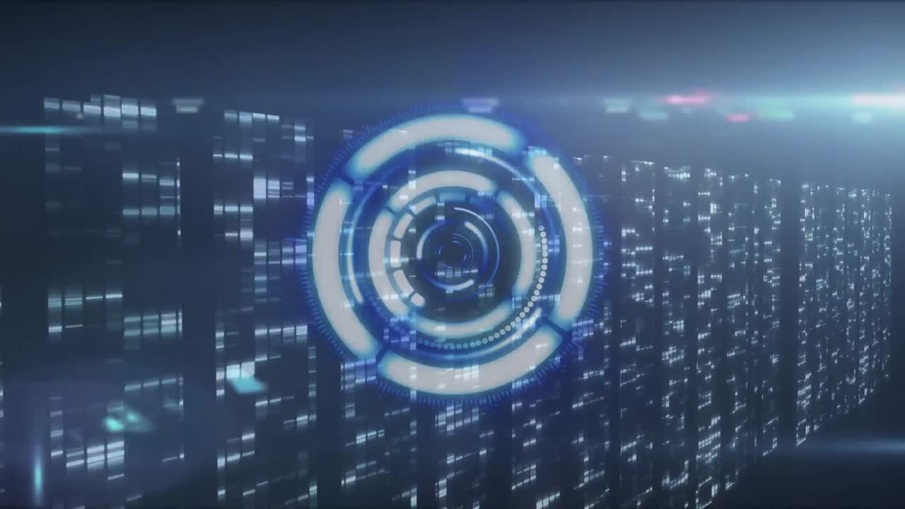 컴퓨터 서버와 함께 기술 방에서 스 ⁇  스캐닝과 데이터 처리의 애니메이션