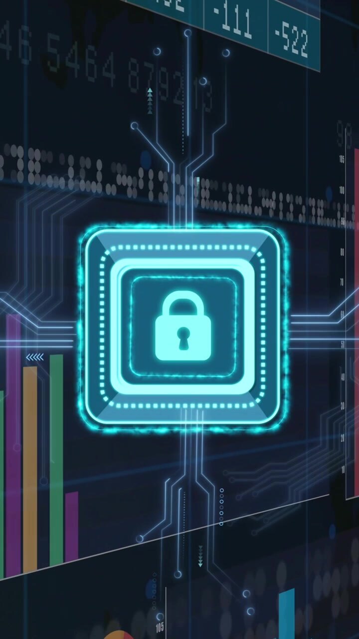 Lock animation over financial data charts and graphs, emphasizing cybersecurity