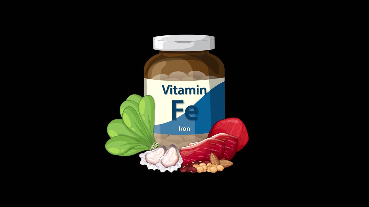 Iron supplement bottle animates with spinach, beetroot, and garlic, smooth transitions, black background