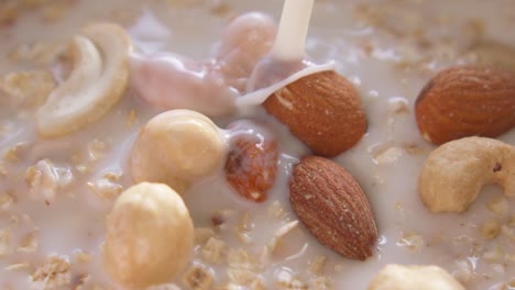 un líquido no lácteo o leche que se vierte sobre nueces y avena en un tazón