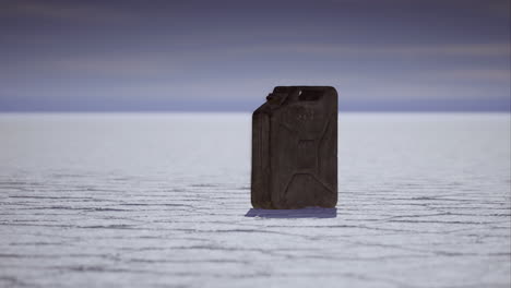 lonely jerry can resting on a vast dry salt flat under a clear sky