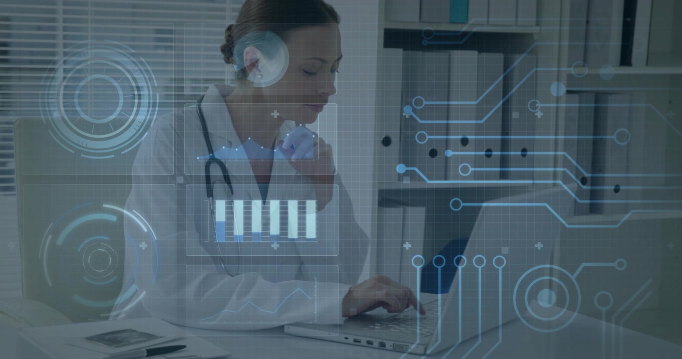 Tapping small device, clinician in lab coat with stethoscope typing on laptop at clinical desk, HUD