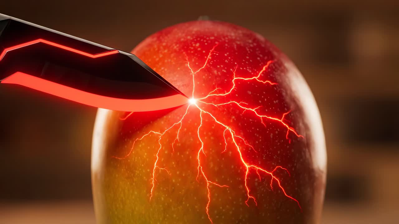 Mango cut with a red glowing knife