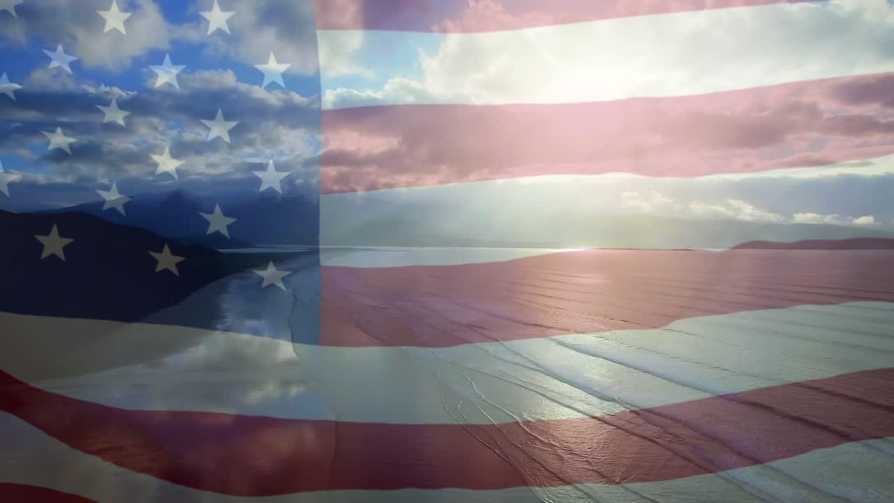 animación de la bandera de los estados unidos ondeando sobre el paisaje marino