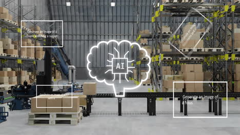 ai brain animation over warehouse with boxes and robotic arms