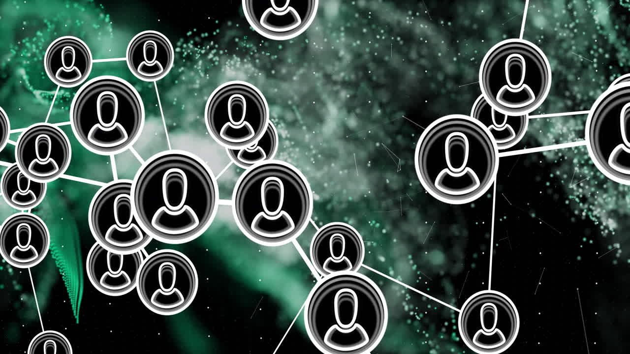 animación de la red de conexiones con íconos sobre una malla brillante verde