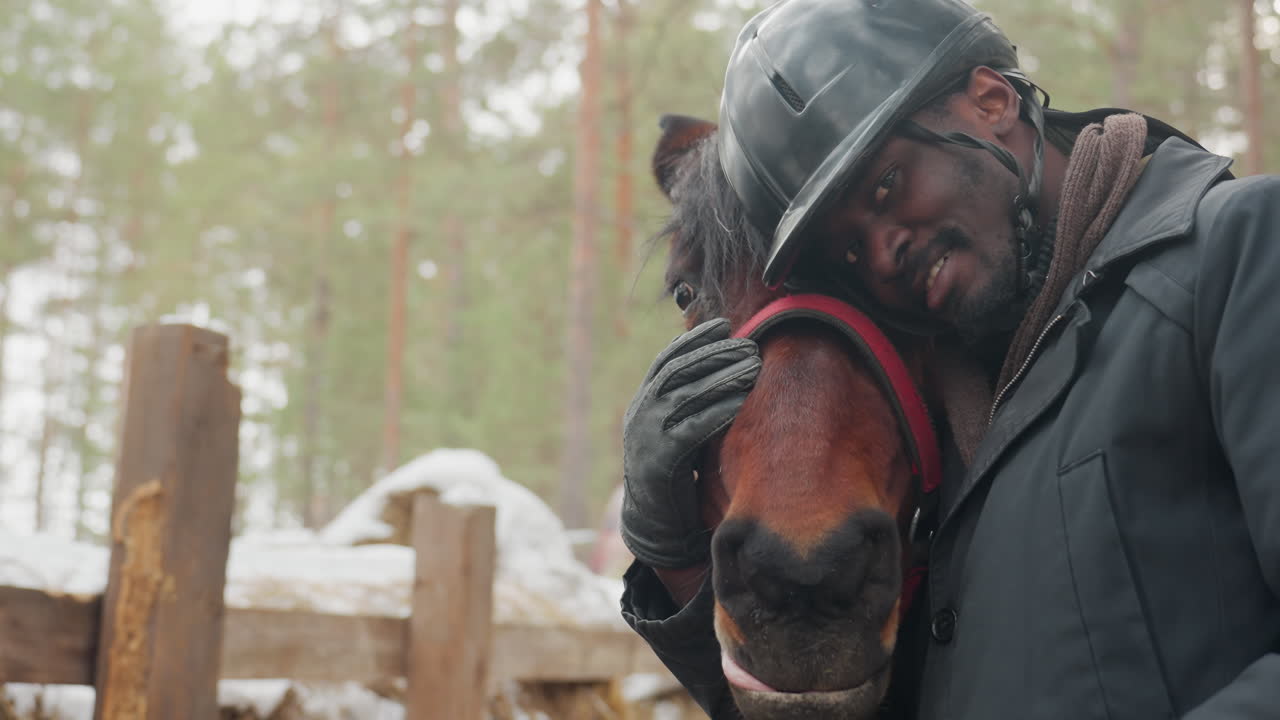 Instructor de equitación negro reconfortando a un caballo oscuro cerca de una valla, sesión de entrenamiento de invierno con casco y cabestro rojo, bosque de pinos de fondo, toque paciente, sonrisa sutil, ambiente de lección con confianza y concentración