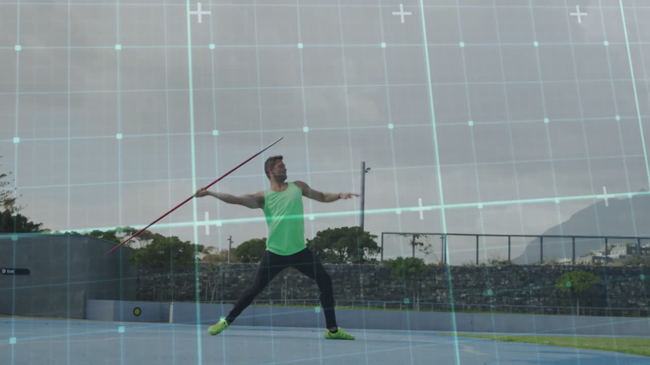 Throwing javelin, athlete with digital animation overlay on sports field