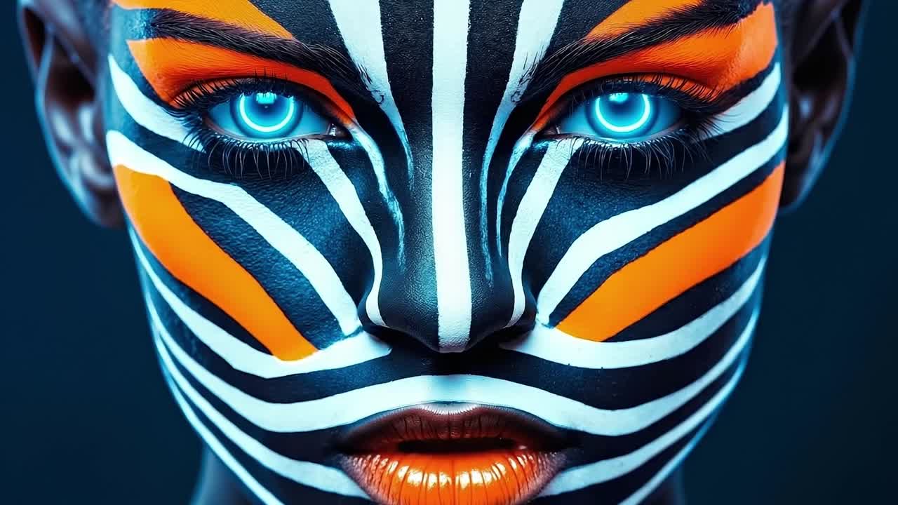 A woman with a zebra face painted like a tiger