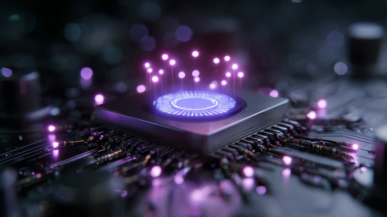 Illuminated Microprocessor Technology: A Close-Up Exploration of a High-Tech Circuit Board with Glowing Nodes Emitting Light Pulses, symbolizing Advanced Computing and Innovation