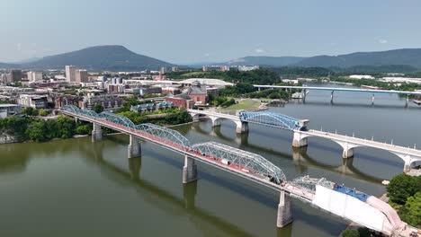 aerial drone journey over chattanooga riverfront, tennessee