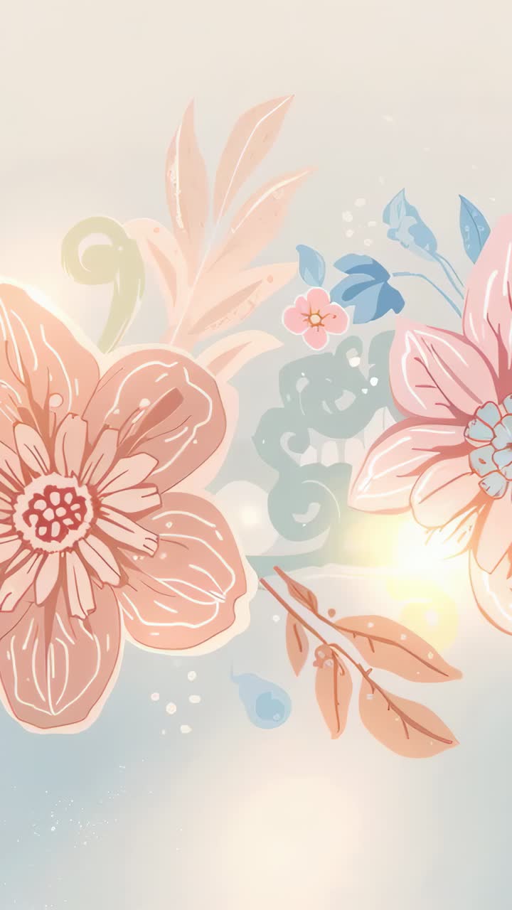 Video verticale: fiori rosa pesca ad anello che si muovono delicatamente su una scena dai colori pastello a scopo decorativo, con bagliore