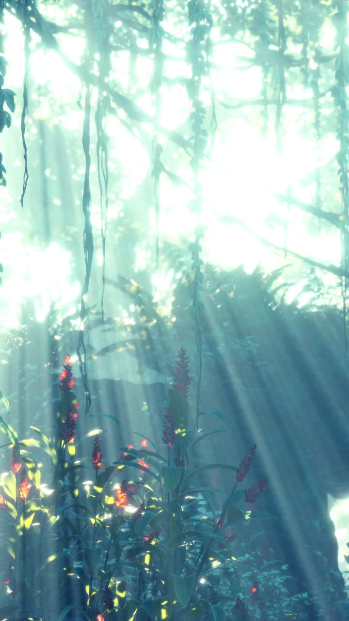 빛 이 울창 한 열대 정글 을 비추고 있다