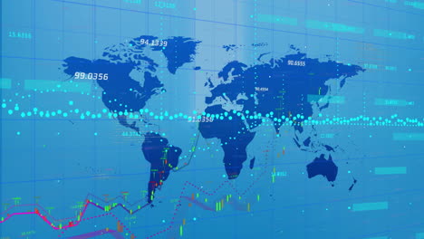 animation of financial data processing and world map over cityscape