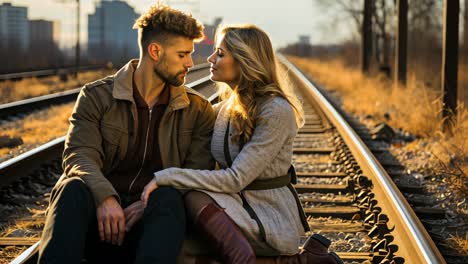 couple sitting closely on railroad tracks during golden hour
