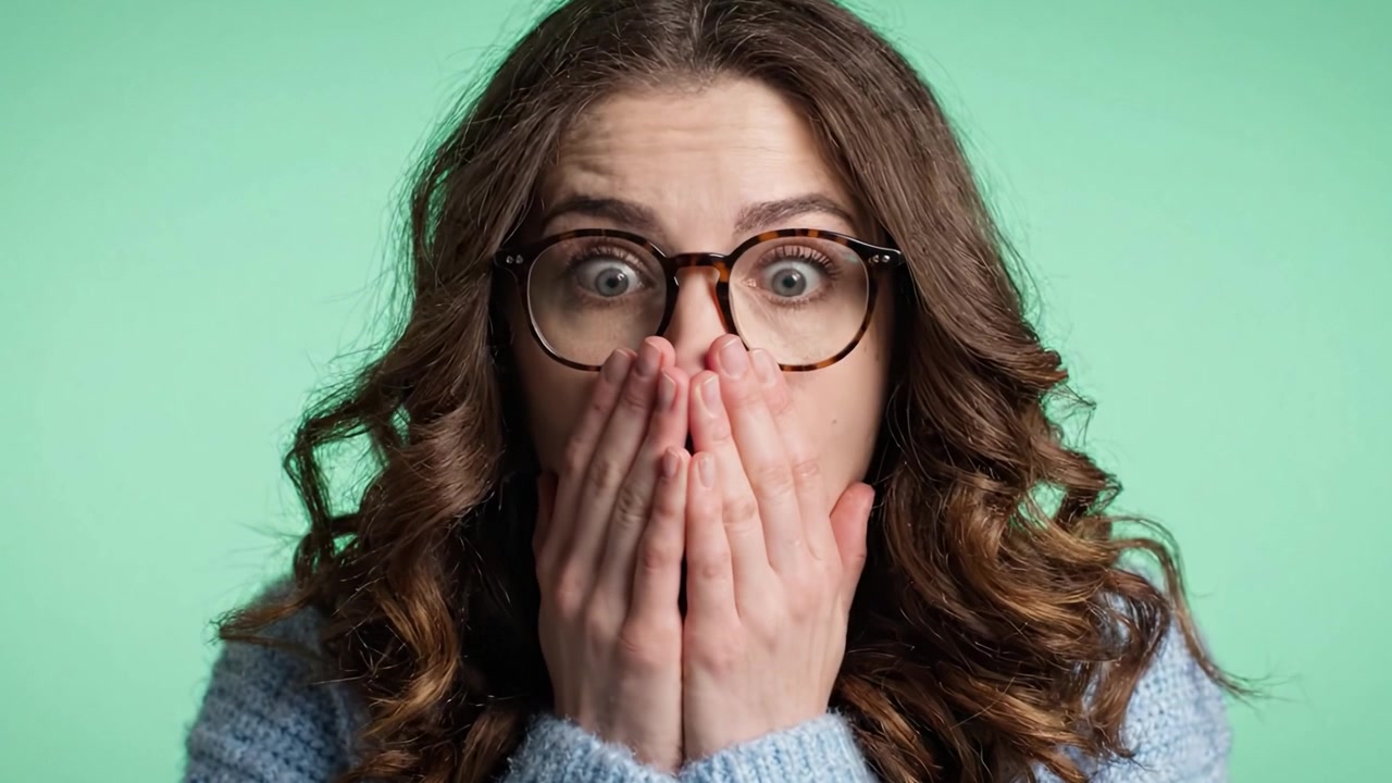 Una mujer joven transita de la sorpresa a la felicidad en dos fotogramas expresivos, mostrando su viaje emocional con expresiones faciales cambiantes sobre un vibrante fondo verde.