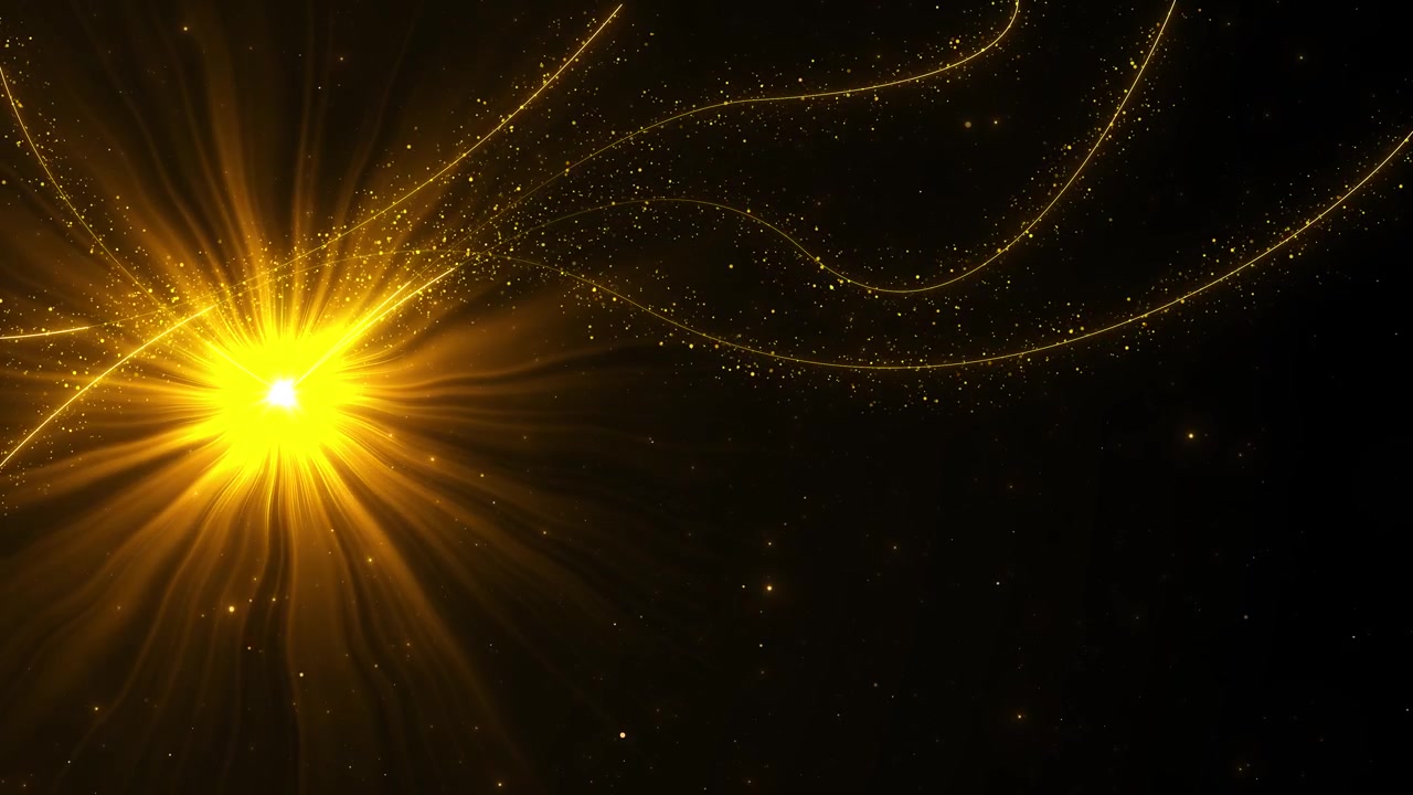 Goldener Sternenexplosion-Lichthintergrund mit hellem Lichtschein, geschwungenen Linien, funkelnden Partikeln und schwarzem Hintergrund