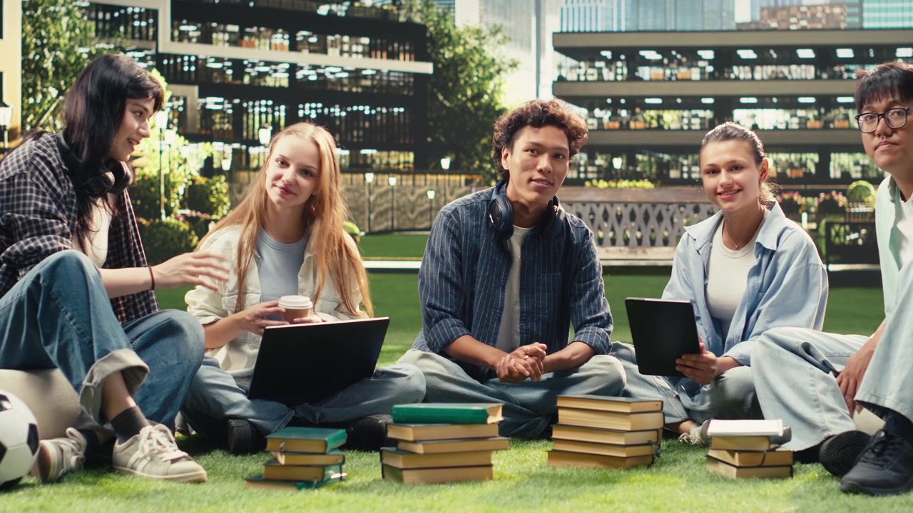 Portrait of students in group study session talking on campus
