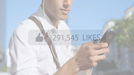 animation of social media reactions over midsection of caucasian businessman using smartphone