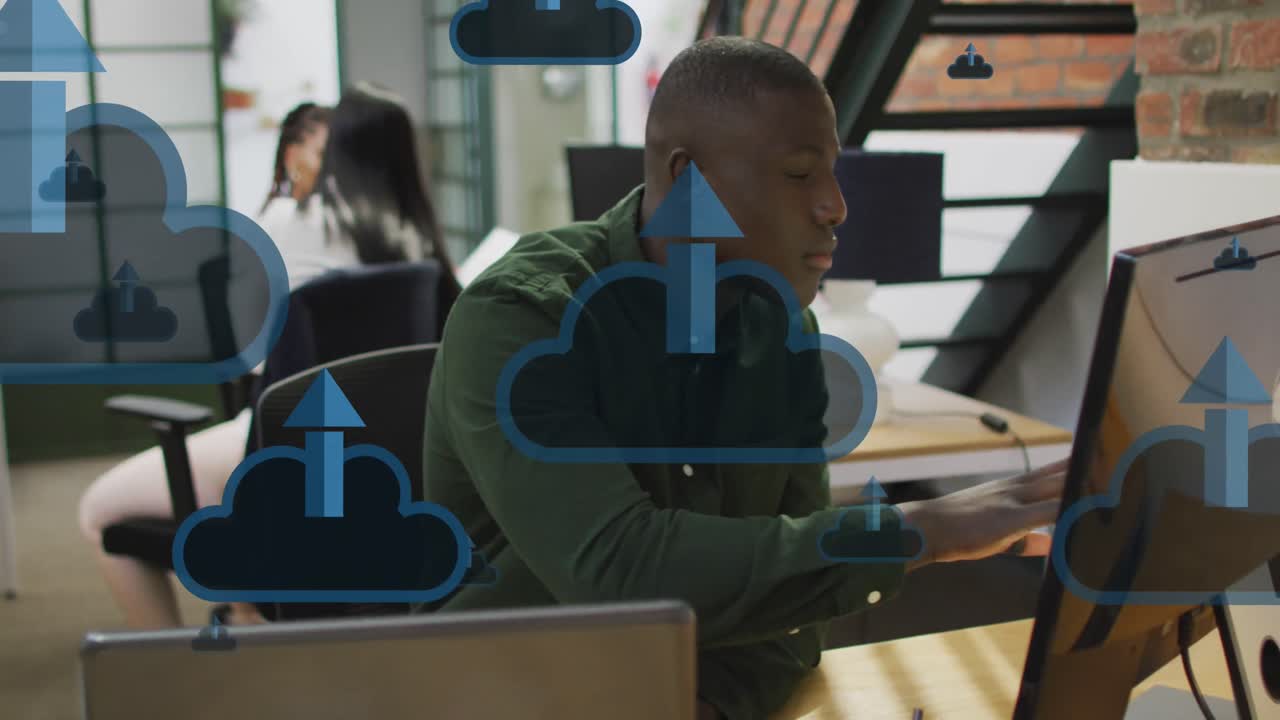 Animation of clouds with arrows over diverse business people in office