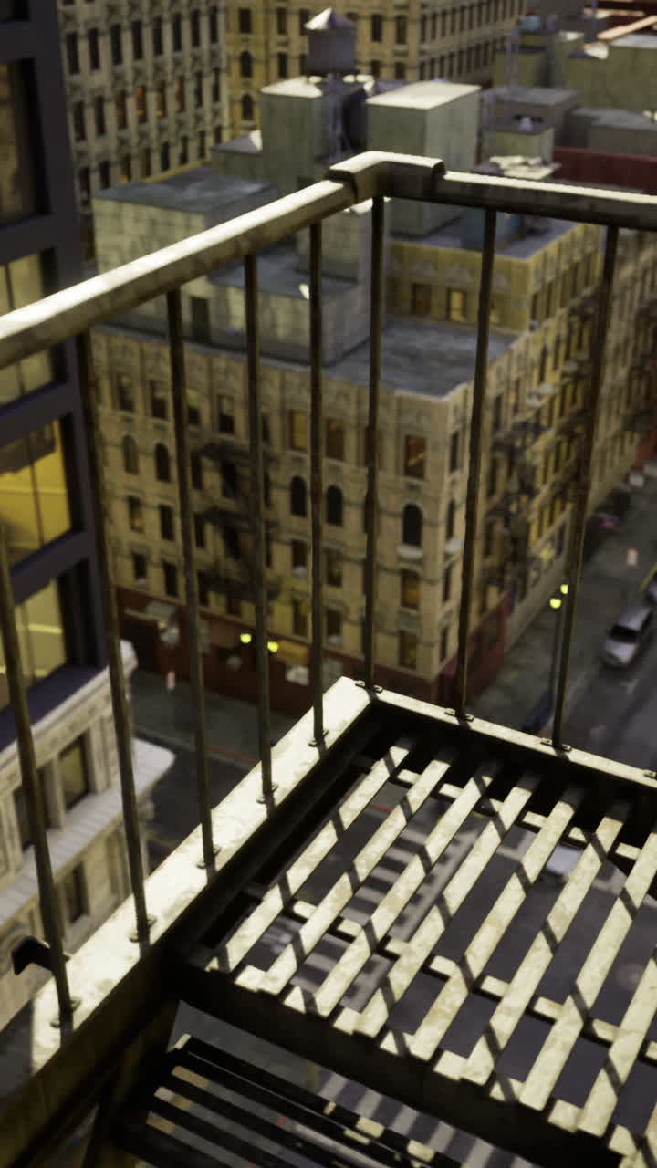 View from a high rise balcony overlooking an urban street at dusk