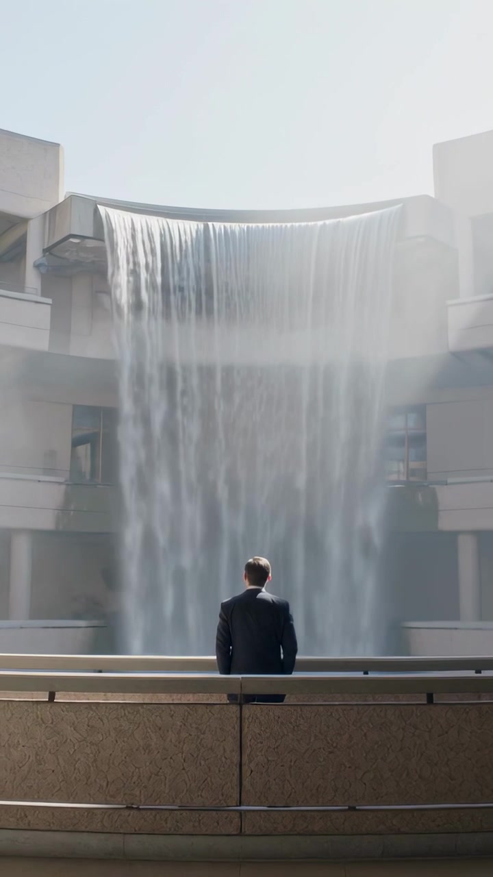 Video vertical: Cámara retrocediendo, un arco revela a un hombre en traje en la barandilla del atrio observando una cascada.