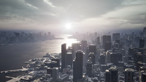 skyline aerial view at sunset with skyscrapers