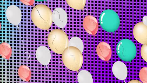 Animation-of-colorful-balloons-flying-over-purple-grid-on-black-background