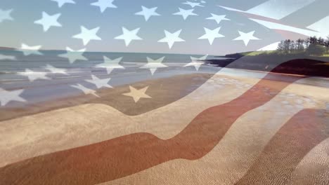 Digitale-Komposition-Der-Schwenkenden-US-Flagge-Vor-Der-Luftaufnahme-Des-Strandes-Und-Der-Meereswellen