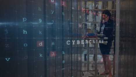 Woman-working-in-server-room-with-moving-data-security-messages