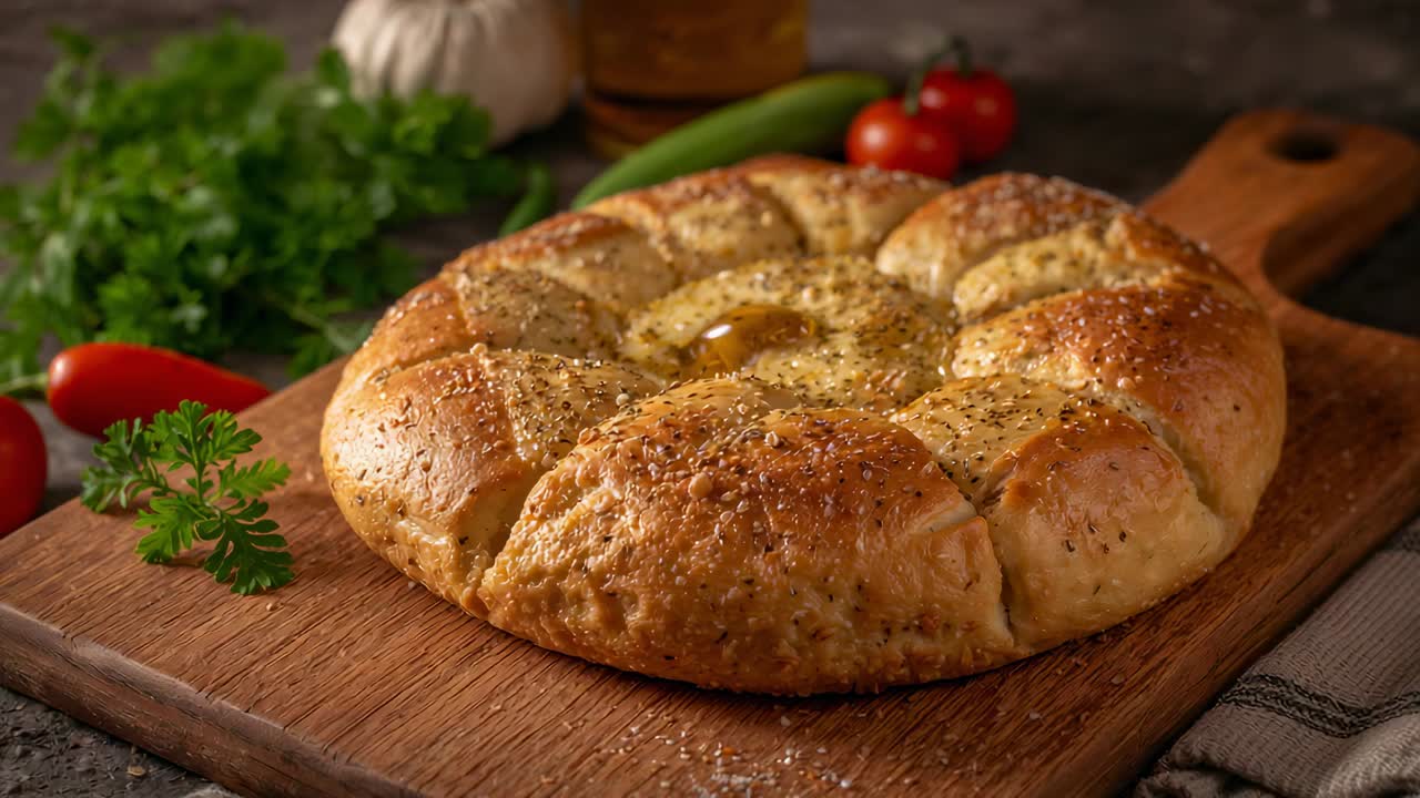 Pushing camera showing pull-apart bread on board at kitchen, emphasizing melted butter crust