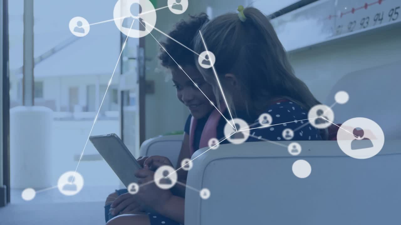 Two girls tapping tablet and swiping, generating user-icon nodes forming social network overlay