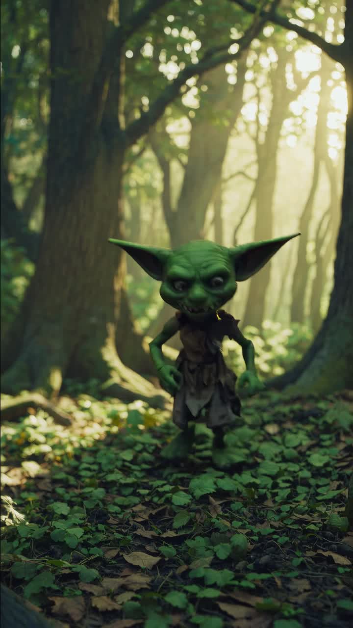 Een opname vanuit een lage hoek van een kleine goblin in een zonnig bos, in de stijl van een fantasy-videogame