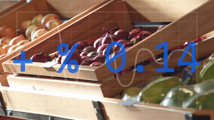 Animazione di elaborazione di statistiche e dati su verdure in cesti in un negozio di alimentari