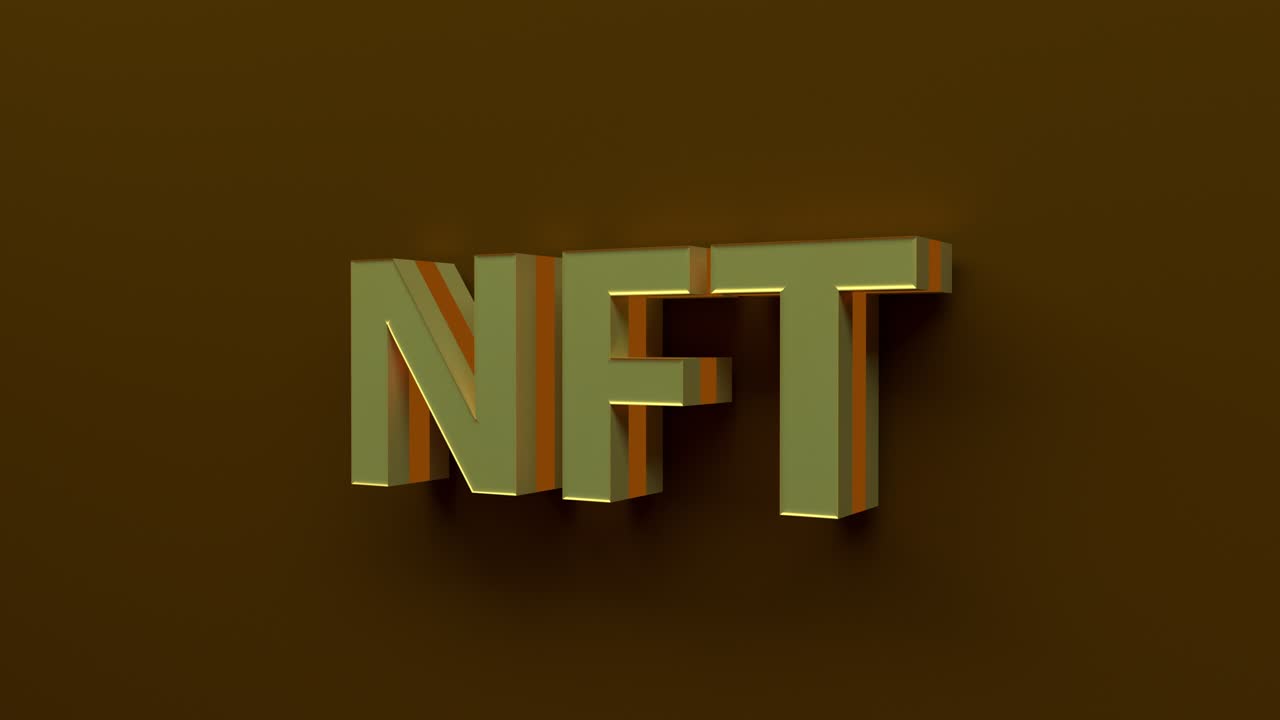 Concetto di NFT Crypto Art dorata. Token Non Fungibile con luce lampeggiante su sfondo astratto oro scuro. Rendering 3D in loop continuo.